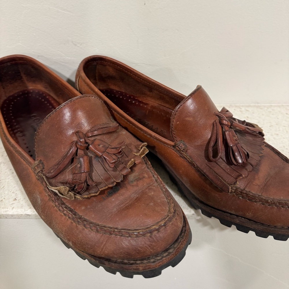 Women’s Cole Han Cognac Brown 90s Leather Chunky Heeled Loafers Tassels